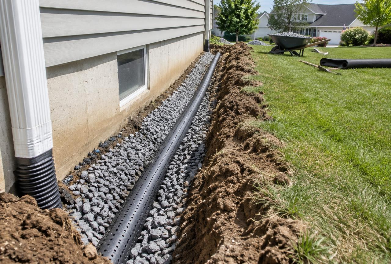 French drain trench with gravel and perforated pipe along a house