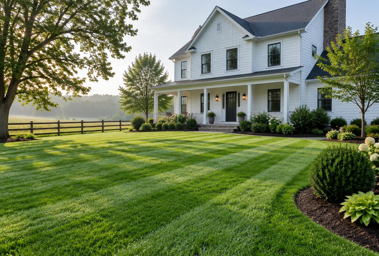 Freshly mowed striped lawn in front of a white farmhouse