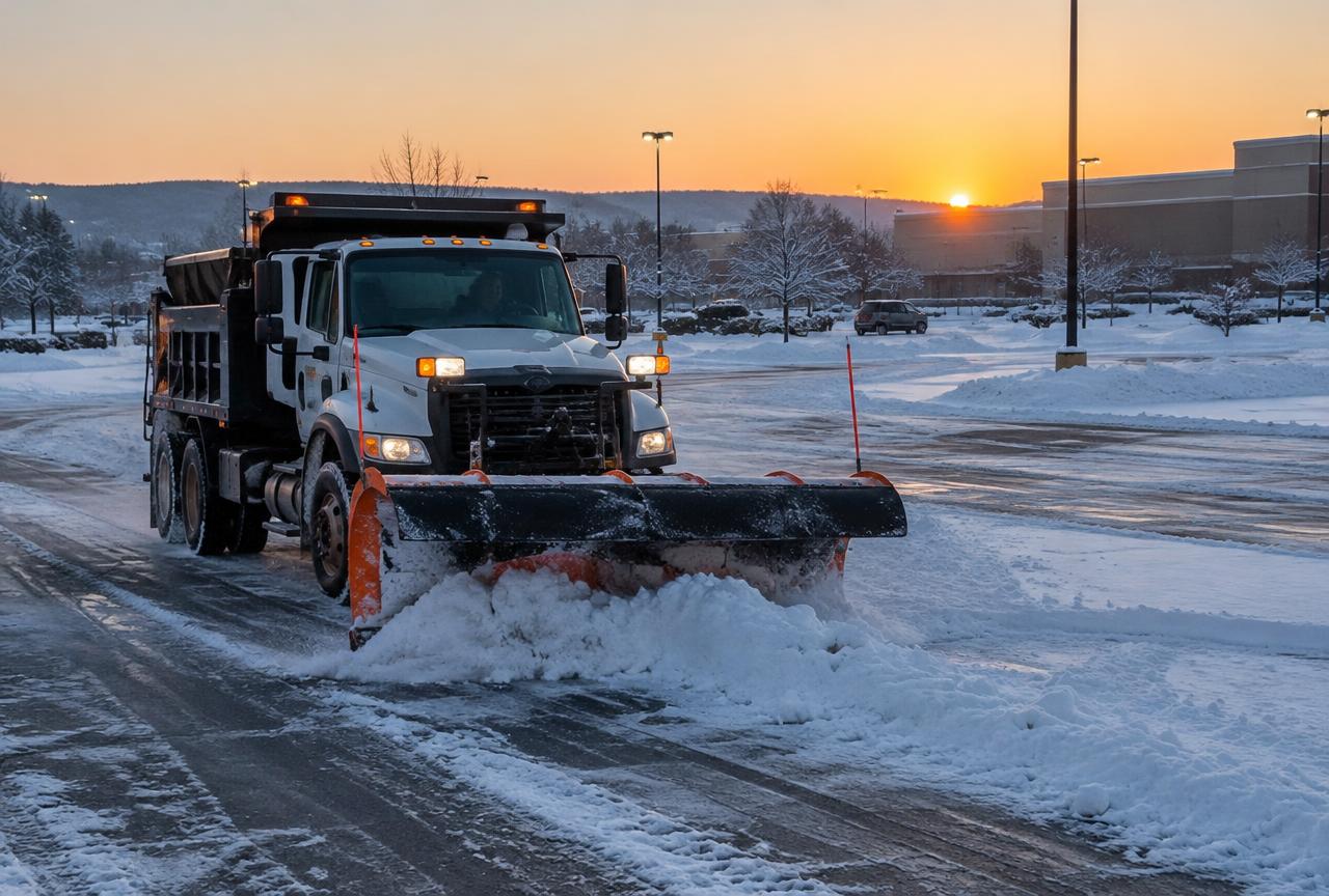 Snow plow truck clearing a parking lot at sunrise