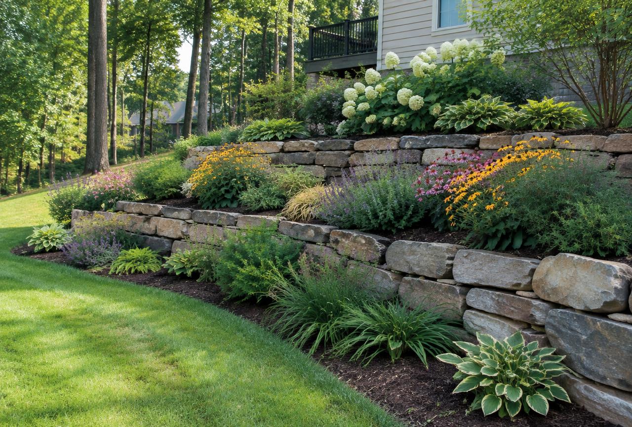 Tiered natural stone retaining wall with perennial plantings on a sloped yard